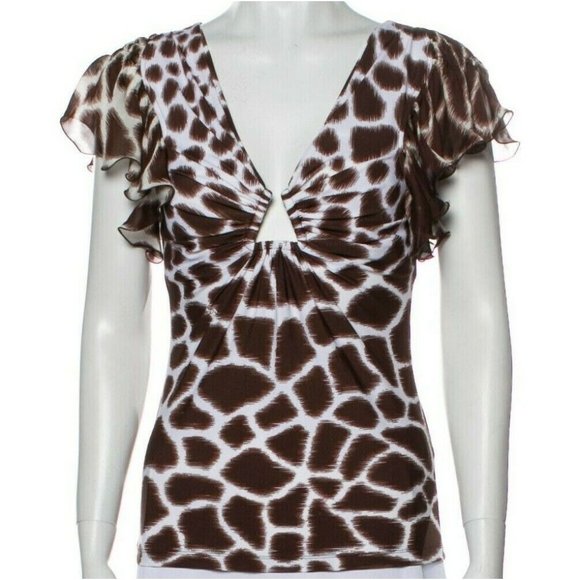 Designer Roberto Cavalli Silk Animal Print Short Sleeves' V Neck Blouse Large - Picture 1 of 5